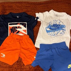Gently Used Nike Kids Navy and White Tees with Orange and Blue Shorts size 4
